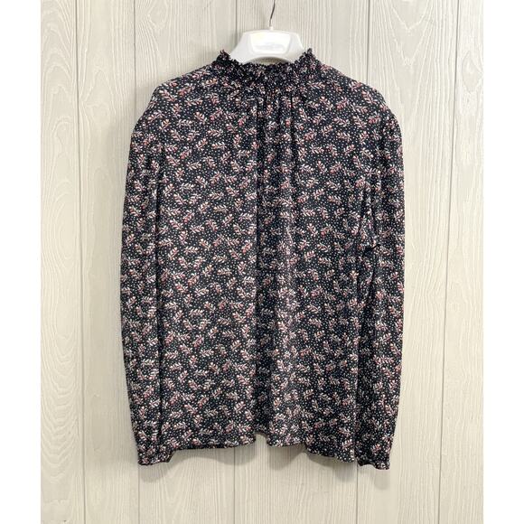 Loft Black Floral Mock Neck Long Sleeve Top Medium - Picture 4 of 8